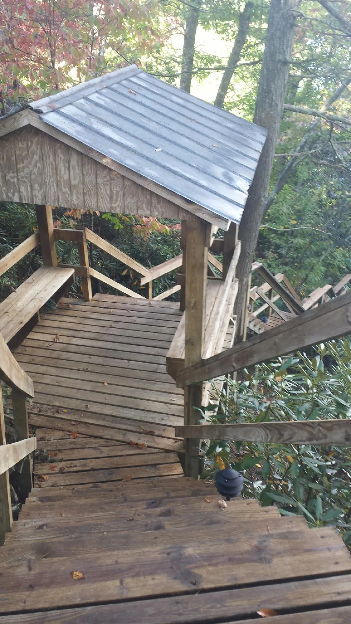 Metal roofed shelter over wooden steps on a wooded walkway — Skylight Repair & Installation work by our crew in Inman